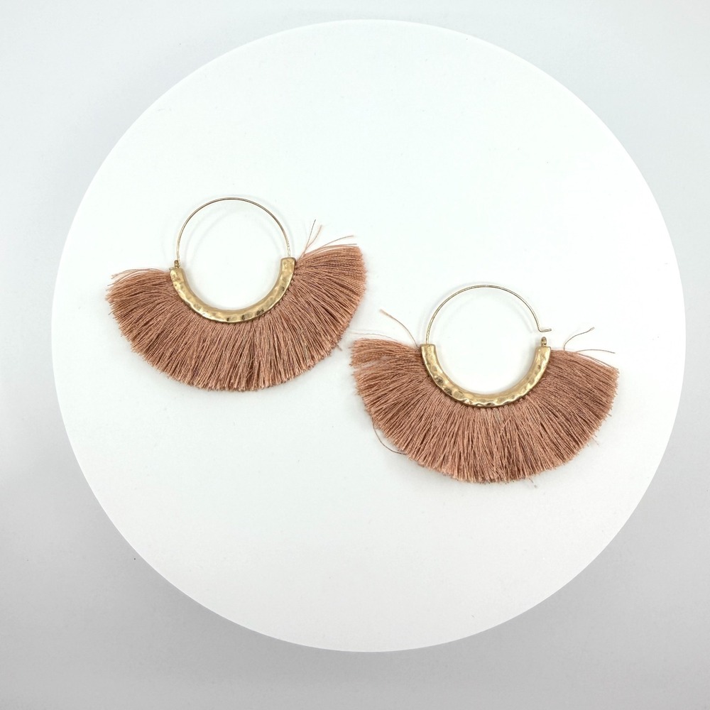 Vintage Boho Blush Pink Tassel Hoop Earrings Gold-Tone Dangle Statement